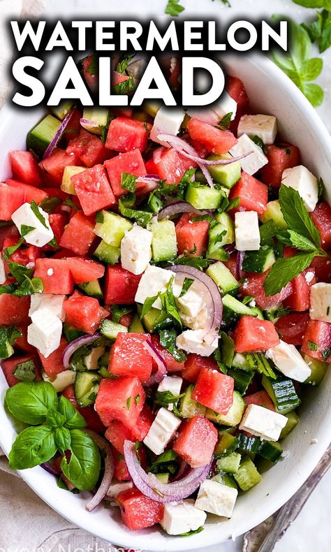 Essen, Refreshing Side Dishes, Watermelon Salads, Watermelon Salad With Feta Cheese, Side Dishes For Summer, Watermelon Cucumber Feta Salad, Cucumber Feta Salad, Salad With Feta Cheese, Watermelon Salad Recipes