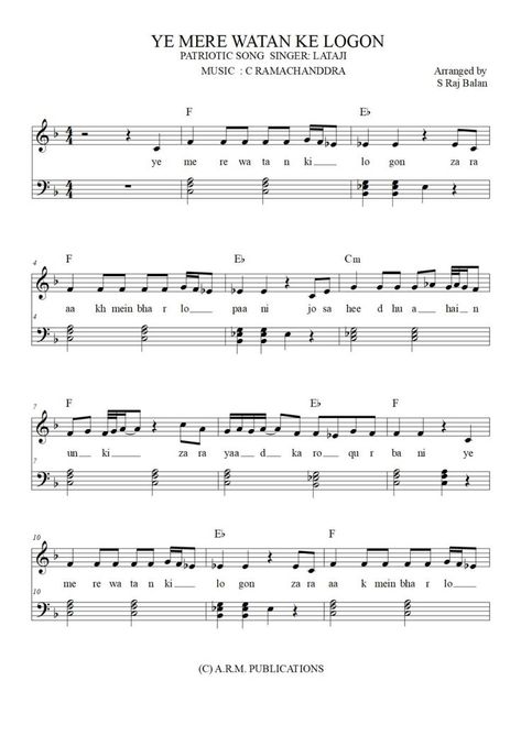 Best and authentic sheet music for the patriotic song YE MERE WATAN KI LOGON sung by LATAJI for piano (treble and base clef) with lyrics and chords. A very simple arrangement for all beginners to advanced to learn and play this song as respect to SOLDIERS Base Clef, Patriotic Songs, Learn And Play, Sheet Music Book, Song Sheet, Lyrics And Chords, Piano Sheet, Play To Learn, Piano Sheet Music