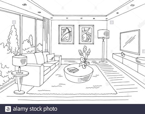 Room Perspective Drawing, Living Room Illustration, Perspective Room, Interior Design Sketchbook, Black White Home, Casa Interior, Drawing Furniture, Perspective Drawing Architecture, Interior Architecture Drawing