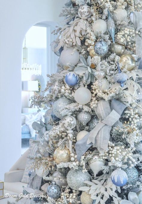 Blue Grey Christmas Tree, Frosted Xmas Tree Ideas, Silver White And Blue Christmas Tree, White Blue Silver Christmas Decor, Light Blue Ornaments Christmas Tree, Powder Blue Christmas Tree, Light Blue And Silver Christmas Tree, French Blue Christmas Tree, Winter Wonderland Tree