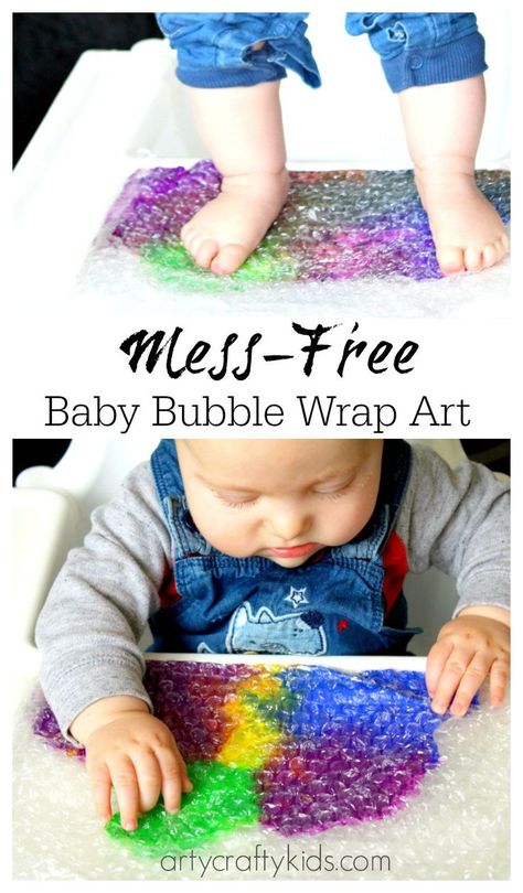 Fabulous sensory art project for kids with bubble wrap. Ideal for baby sensory and mess-free painting! #funwithbabies #easybabyactivities #activitiesforbabies #playwithbabies Baby Room Ideas Early Years, Bubble Wrap Art, Cause And Effect Activities, Bubble Activities, Cognitive Activities, Baby Art Projects, Dixie Belle Paint Company, Baby Bubble, Daycare Crafts