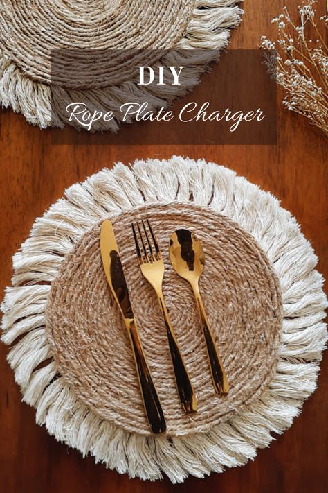 DIY a beautiful bohemian plate charger using items from the dollar tree Diy Jute Charger, Rope Charger Plates Diy, Diy Plate Chargers Wedding, Placemat And Charger Ideas, Boho Plate Chargers, Crochet Charger Plate, Diy Table Chargers, Dollar Tree Plates Table Settings, Dollar Tree Placemats Ideas