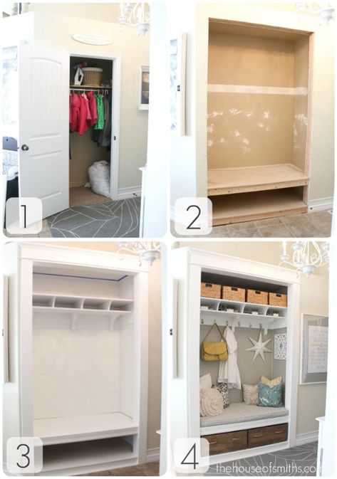 Turning a Coat Closet Into a Mudroom-Like Nook - Hooked on Houses Entryway Closet Makeover, Coat Closet Makeover, Small Coat Closet, Closet Nook, Armoire Entree, Mudroom Closet, Front Closet, Coat Closet Organization, Entry Closet