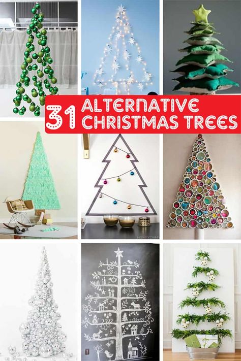 A roundup of alternative Christmas tree ideas if you don't want to buy the real thing. Great Christmas home decor for small spaces. Alternative Christmas Tree Diy, Alternative Christmas Tree Ideas, Christmas Alternative, Alternative Christmas Trees, Small Space Christmas Tree, Corner Christmas Tree, Flat Christmas Tree, Homemade Christmas Tree, Cardboard Christmas Tree