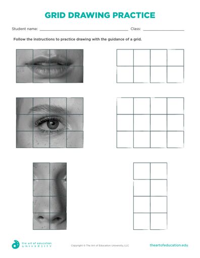 Grid Drawing Practice - FLEX Resource Drawing Eyes Practice, Art Class Drawing Ideas Middle School, How To Grid Drawing, Gridline Drawing, Teaching Portrait Drawing, Art Worksheets Printables High School, Drawing Practice Worksheet, Free Grid Drawing Printables, Grid Drawing Practice Worksheet