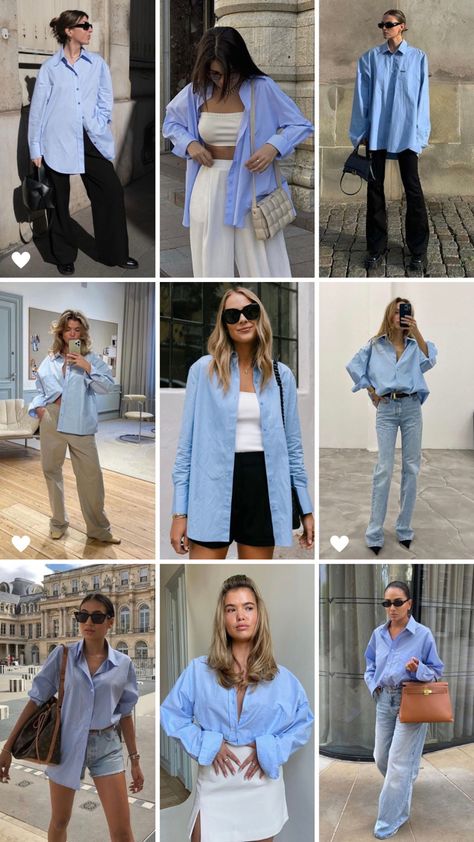 Outfit Ideas With Blue Shirt, Outfits With Blue Shirts Casual, Button Up Blue Shirt Outfit, Striped Shirt Summer Outfit, Blue Linen Blouse Outfit, Styling Blue Button Down Shirt, Basic Daily Outfit, Women Blue Shirt Outfit, Blue T Shirt Outfits Women