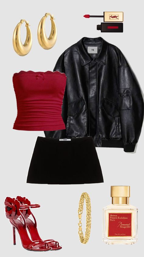 Cool Outfit Inspo💋🪞 Professional College Outfits, Burgundy Corset Outfit, Summer Downtown Outfits, Red Tube Top Outfit, Overdressed Outfits, Mini Skirt Outfit Aesthetic, Fashion Magazine Aesthetic, Red Heels Outfit, Black And Red Outfit