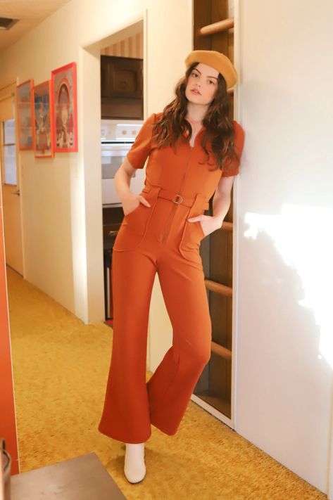 70s Fashion, Orange Jumpsuit Outfit, 70s Jumpsuit, Orange Jumpsuit, 70s Inspired Fashion, 70s Outfits, Orange Outfit, Jumpsuit Outfit, Jumpsuit With Sleeves