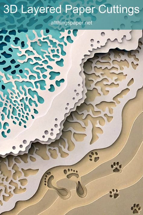 beach scene layered paper cutting with waves breaking at shore and footprints and dog pawprints in the sand Mandalas, Paper Cutout Effect, Paper Bouquets, Cut Paper Illustration, Laser Cut Paper, Paper Art Sculpture, Cut Out Art, Paper Cutout Art, Projets Cricut