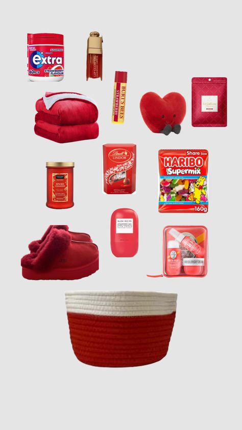 Red Burr Basket !! ❤️💋🌹 Red Theme Basket, Red Gift Basket Ideas For Best Friend, Red Birthday Gifts, Red Burr Basket Ideas, Christmas Gift Baskets For Best Friend, Red Burr Basket, Red Birthday Basket, Red Basket Gift Ideas, Red Gift Box Ideas