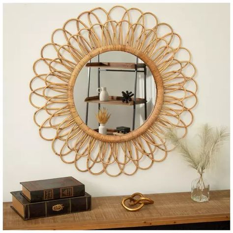 Boho Rattan Flower Round Wall Mirror | Hobby Lobby | 1810084 Boho Sun Mirror, Rattan Nursery Decor, Hobby Lobby Nursery Decor, Cheap Boho Decor Ideas, Beachy Boho Living Room, Boho Mirror Decor, Boho Beach Nursery, Textured Mirror, Nursery Mirror