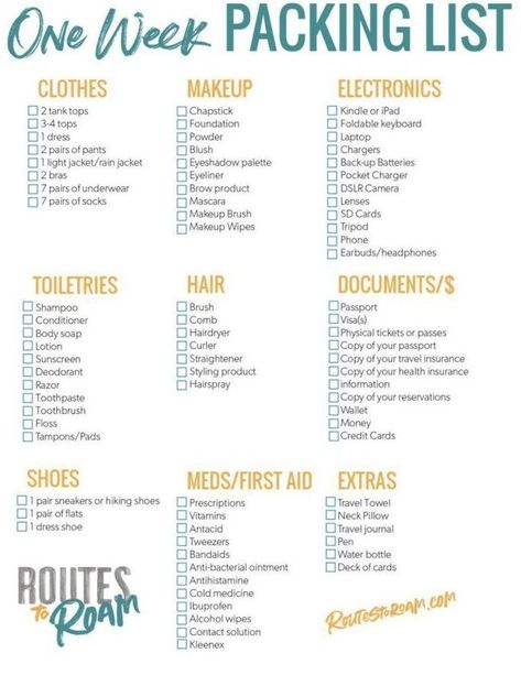 One Week Packing Checklist for a week long vacation - A printable packing list to keep… | Packing list for travel, Printable packing list, Packing list for vacation Florida Outfits Vacation, Pack For A Week, Trip Essentials Packing Lists, Beach Vacation Packing, Printable Packing List, Travel Packing Checklist, Vacation Checklist, Florida Outfits, Road Trip Packing List