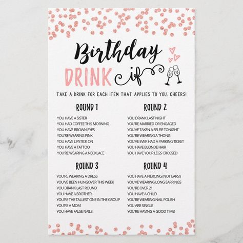 Birthday DRINK IF editable Birthday Party game Editable Blank Games To Play At 21st Birthday Party, 21st Birthday Ideas Games, 21st Birthday Activities, Drunk Party Games, Airbnb Birthday Party Ideas, Birthday Girl Games, Birthday Party Games For Adults, Adult Birthday Games, 21st Birthday Games