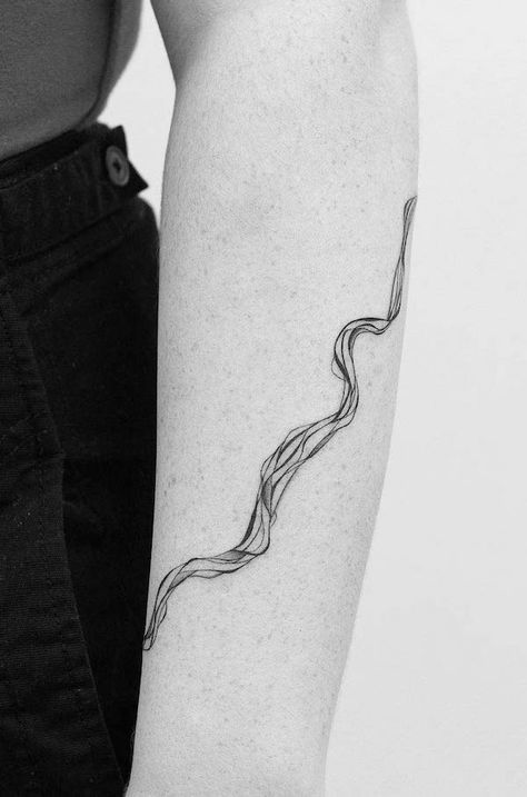 56 Elegant Water Tattoos With Meaning - Our Mindful Life Water Tattoo Black And White, Whitewater Tattoo, Minimalist River Tattoo, Water Line Tattoo, Water Flow Tattoo, River Tattoo For Women, Water Related Tattoos, River Tattoo Ideas, Ripple Tattoo