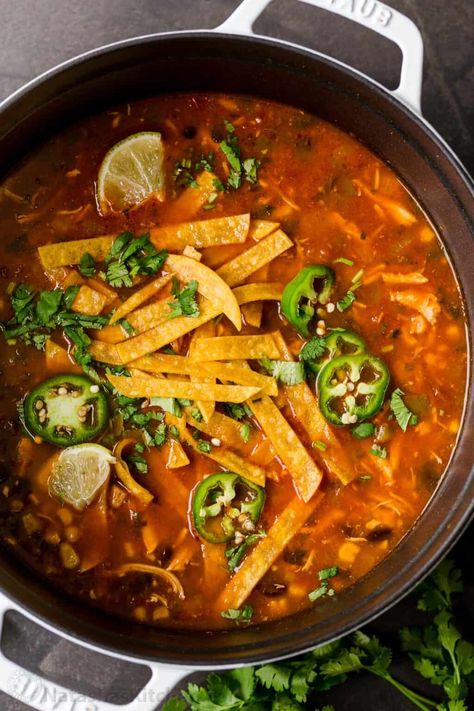 Chicken Tortilla Soup Natasha’s Kitchen, Tortilla Soup Easy, Chicken Tortilla Soup Crock Pot, Chicken Tortilla Soup Recipe, Chicken Tortilla Soup Easy, Kosher Food, Tortilla Strips, Resep Smoothie, Chicken Tortillas Soups Recipe