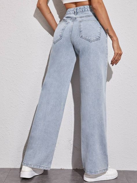 Acid Wash High-Rise Wide Leg Jeans | SHEIN USA Type Of Jeans For Body Type, Wide Leg High Waist Jeans Outfit, Long Leg Jeans, Pantalones Wide Leg, Bottom Wear For Women, Pantalones Boyfriend, Pants Aesthetic, Jean Set, Light Color Jeans