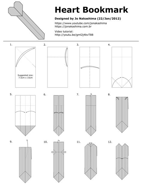 Origami Heart Bookmark - Jo Nakashima Paper Bookmarks Heart, Simple Origami Bookmark, Index Card Origami, Bookmark Origami Tutorials, How Make Bookmark, Cute Bookmarks Origami, Bookmark Ideas Origami, Diy Heart Bookmark, Origami Paper Bookmark