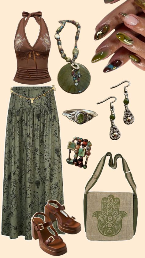 Earthy outfit green brown tan jewelry skirt crop top bracelet necklace nails heels shoes Earthy Aesthetic Outfits, Boho Aesthetic Outfit, Skirt Crop Top, Earthy Style, Skirt Crop, Earthy Outfits, Swaggy Outfits, Hippie Outfits, Heels Shoes