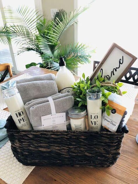 24 DIY Housewarming Basket Ideas Anyone Who Moved Into A New Home Will Love Teachers Appreciation Gifts Diy, Real Estate Gift Basket Ideas, Buyer Closing Gift, Closing Day Gift Basket, Real Estate Raffle Basket Ideas, House Closing Gifts Basket Ideas, Closing Baskets For Buyers, Gifts From Realtors To Clients, Realtor Christmas Gifts For Clients