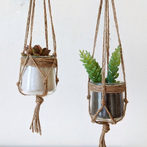 Upcycling, Oui Jar Plant Hangers, Ways To Use Oui Jars, Hanging Glass Jars With Rope, Macrame Jar Hanger Diy, Oui Yogurt Jars Ideas Diy Plants, Oui Yogurt Jars Ideas Diy Christmas, Oui Crafts, Macrame Jar Hanger