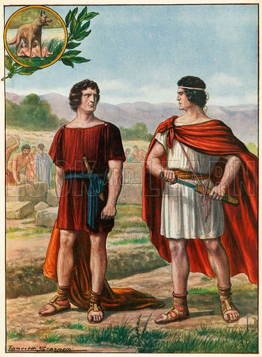 A painting of Romulus and Remus as adults and near the end of the foundation myth, as Romulus begins to draw his sword to strike down his brother in order to become the ruler of Rome. Greek Stories, Roman Kings, Romulus And Remus, Italy History, Greek Pantheon, Rome Antique, Roman Gods, Terra Nova, History Images