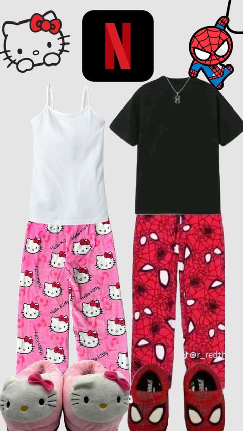 couples movie night! #spiderman #hellokitty #spiderman+hellokitty #pajamasinspo #netflix Couples Movie Night, Matching Fits, Couple Outfit Ideas, Matching Outfits Best Friend, Hello Kitty Clothes, Matching Pjs, Hello Kit, Cute Couple Outfits, Couple Outfit