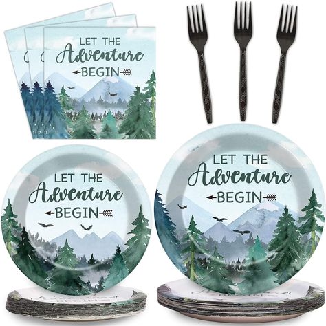 Amazon.com: Adventure Awaits Baby Shower Tableware Let The Adventure Begin Plates Pine Tree Mountain Wilderness Dinnerware Disposable Paper Dinnerware For Baby Shower Birthday Party Decor Supplies 24 Guests : Toys & Games Adventure Baby Shower Theme, Baby Shower Plates, Birthday Party Plates, Adventure Awaits Baby Shower, Tree Mountain, Adventure Party, Music Themed Parties, Adventure Baby Shower, Let The Adventure Begin