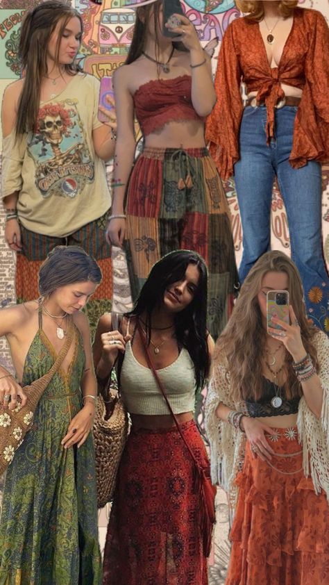 Hippies, Bohemian Style Aesthetic, Romani Outfit Aesthetic, Rich Hippie Aesthetic, Hippie Inspo Outfit, Hippie Concert Outfit Ideas, Modern Hippy Outfits, My Aesthetic Core Outfits, 80s Hippie Aesthetic