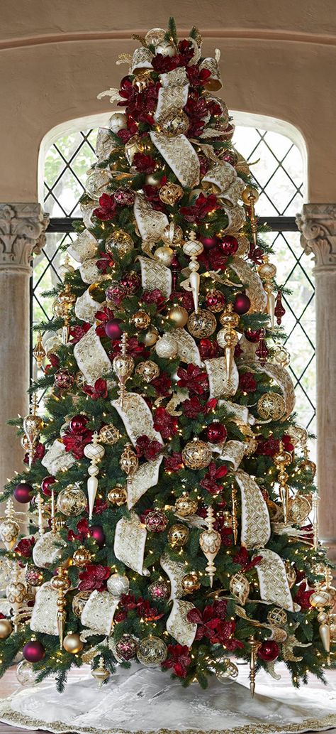 Two Color Christmas Tree, Gold And Red Tree Christmas, Traditional Red And Gold Christmas Tree, Red And Golden Christmas Tree, Christmas Tree With Red And Gold Ornaments, Garnet And Gold Christmas Tree, Christmas Tree Burgundy And Gold, Burgundy Gold And Green Christmas Tree, Large Christmas Trees Decorated