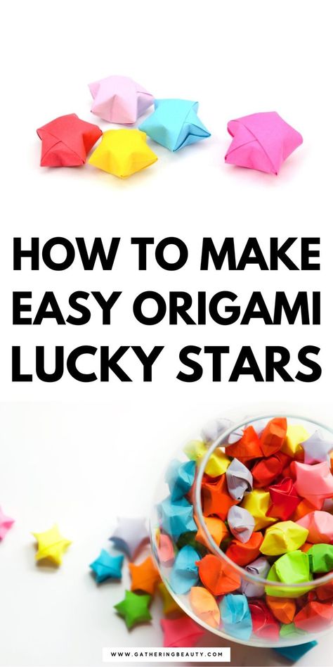 Glass bowl filled with tiny origami lucky stars shot from overhead. Easy Origami Star, Folded Paper Stars, Easy Origami For Kids, Origami Lucky Star, Trending Crafts, Origami Patterns, Folding Origami, How To Make Origami, Easy Origami