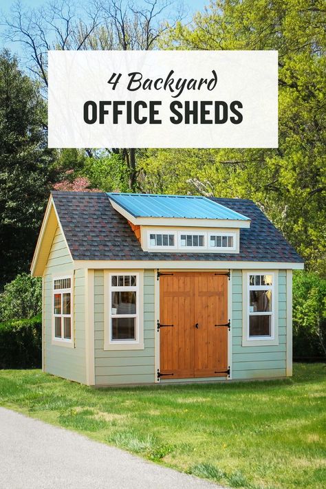 A backyard office shed with transom windows and a wooden door. Shed Office Ideas Backyards, Office Shed Ideas, Office Sheds Backyard, Outdoor Office Shed, Shed Exterior Ideas, Home Office Shed, Backyard Office Shed, Outside Sheds, Sheds Ideas Backyard