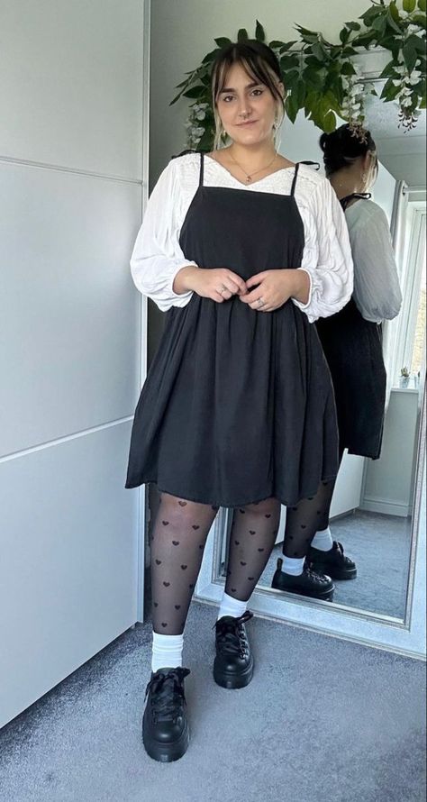 Black Dress Grunge Aesthetic, Curvy Dresses Casual, Plus Size With Doc Martens, Plus Size Tunic Outfits, Cute Fall Fits Plus Size, T Shirt Over Dress Outfits Plus Size, Alternative Business Casual Midsize, Black Dress With White Long Sleeve Shirt Underneath, Dark Plus Size Outfits