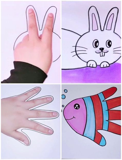 Drawing Animals With Hand, Hand Animals Drawing, Animal Hand Drawing, Hand Print Animals For Kids, Finger Art For Kids, Hand Print Drawing, Drawing Tricks For Kids, Hand Animals, Hand Print Animals