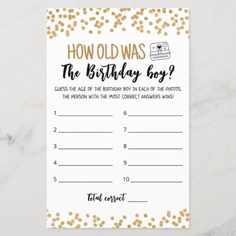 Purchase this game and enjoy high quality How old was Birthday boy Game for your event! Gold Confetti design. Sweet Sixteen Game Ideas, Birthday Brunch Games, Sweet 16 Games Activities, 13th Birthday Games, 13th Birthday Party Games, 18th Birthday Party Games, 16th Birthday Party Games, Birthday Games Ideas, Sweet 16 Party Games