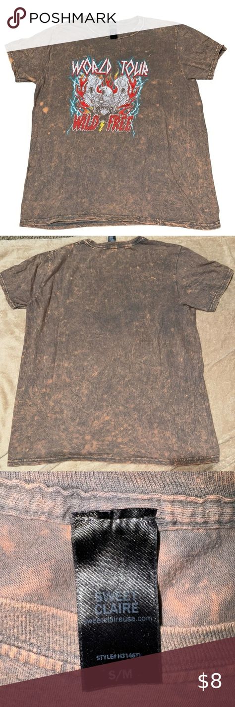 Sweet Claire World Tour Wild Free Brown Stone Wash T-shirt Women’s Size S/M  EUC Brown Stone, Wild Free, Brown Women, Rock Stars, Tour T Shirts, Wild And Free, T Shirt Women, World Tour, Shirt Women