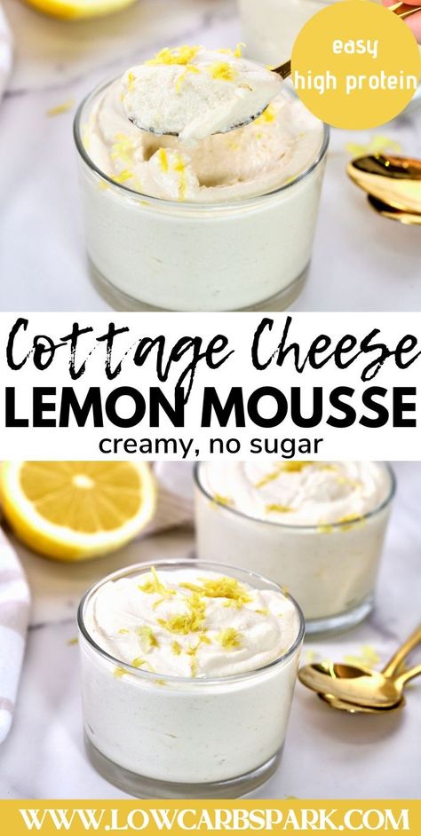 Learn how to make the best Cottage Cheese Lemon Mousse, a sugar-free dessert that's creamy and refreshing. With 12 grams of protein and low in calories, it's a healthy treat that doesn't skimp on flavor. Discover the magic of this easy-to-make dessert that's quickly become a favorite for its light, zesty taste and nutritional benefits. Whipped Cottage Cheese Recipes, Cheese Deserts, Cottage Cheese Dessert Recipes, Cottage Cheese Recipes Healthy, Cottage Cheese Desserts, Cheese Desserts, Queso Cottage, Low Cal Dessert, Lemon Mousse