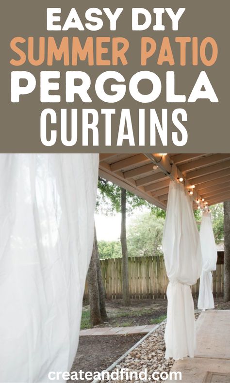 DIY patio pergola curtains. Pergolas, Diy Renter Friendly Pergola, Pergola Curtains Outdoor Diy, Pergola Curtains Outdoor, Pergola Cover Ideas, Pergola With Curtains, Patio Pergola Ideas, Deck Curtains, Outdoor Curtains For Patio