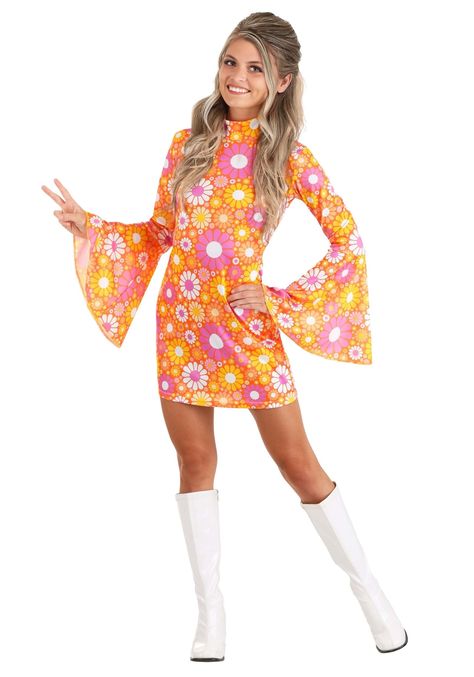 Hippie Halloween Costume, Costume Fleur, Long Sleeve Party Dress, Hippie Halloween, Sleeve Party Dress, 1970s Hippie, Flower Costume, Group Halloween, Hippie Costume