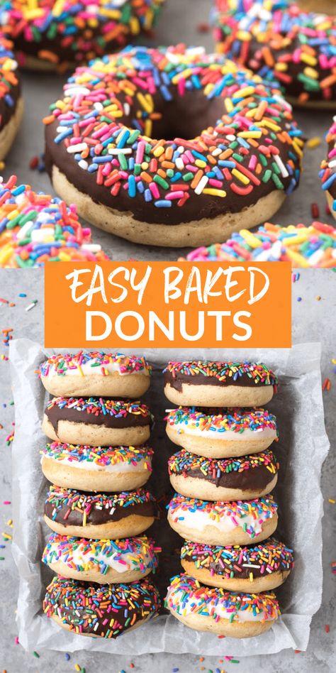 This is hands down our favorite baked vanilla donut recipe! With options for chocolate or white chocolate glaze, we love adding lots of sprinkles! Easy Baked Donut Recipes, Vanilla Donut Recipe, Make Donuts At Home, Donut Recipe Easy, Easy Donut Recipe Baked, Vanilla Donut, Baked Donut Recipe, Baked Donuts Easy, Donuts At Home