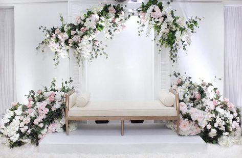 Image may contain: plant, table and indoor Wedding Reception Table Decorations Diy, Pelamin Kahwin, Wedding Dais, Mini Pelamin, Pelamin Nikah, Nikah Decor, Majlis Perkahwinan, Wedding Stage Backdrop, Wedding Hall Decorations