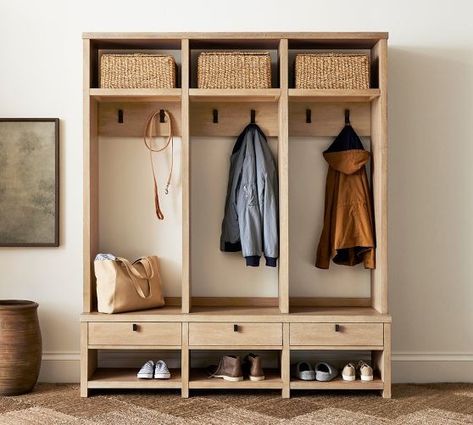 Bookcases Desks File Cabinets Furniture Wood Swatches Wood Swatches Folsom | Pottery Barn Hooks Over Bench Entry Ways, Modern Farmhouse Small Entryway, Entryway Built In, Foyer Shoe Rack, Narrow Mudroom Ideas Entryway, Entryway Lockers, Pottery Barn Entryway, Transitional Mudroom, Mud Room Bench