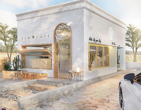 White Cafe,, Coffee and Ice Cream shop on Behance Drive Through Cafe Design, Cafe Outerior Design, All White Coffee Shop, Cool Storefront Design, White Storefront Design, Beach Ice Cream Shop Aesthetic, Drive Through Coffee Shop Design, Toko Ice Cream, Cafe Ideas Interior