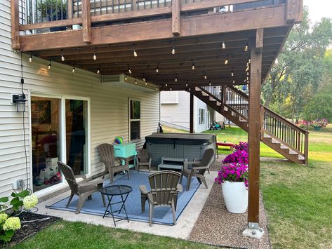 Outdoor Patio Under Deck, Raised Patio Deck, Outdoor Patio Under Deck Ideas, Diy Under Deck Patio, Under Back Deck Ideas, Under Deck Seating Ideas, Concrete Patio Under Deck Ideas, Under The Porch Ideas, Swings Under Deck