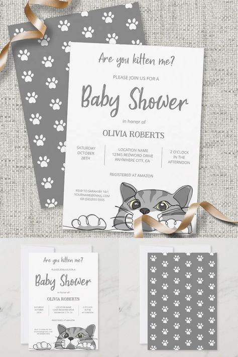 Are you kitten me? Cute design featuring funny cartoon kitty cat on gray and cats footprints pattern on the back. This invitation card is gender neutral and can work for both baby girls and boys. You can add your own details very easily by using the template field. Cat Baby Shower Theme, Cat Themed Baby Shower Ideas, Cat Baby Shower Ideas, Baby Shower Cat, Cat Cakes, Neutral Invitation, Cat Baby Shower, Cat Themed Parties, Cartoon Kitty