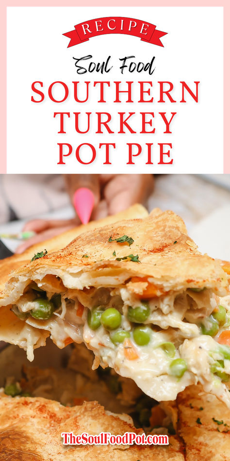 What do you usually do with your turkey leftovers? Make a creamy comfort food dish with a bonus flakey pie crust. Also known as a Southern turkey pot pie recipe! Indulge in the warm, comforting flavors of this delicious Southern turkey pot pie recipe. It’s a soul food Southern tradition and another down-home cooking recipe I’m delighted to share. What makes a soul food Southern turkey pot pie recipe? Soulful comfort meets home-style goodness in this remarkable turkey pot pie recipe... Soul Food Chicken, Leftover Turkey Pot Pie, Turkey Pot Pie Recipe, Southern Chicken, Southern Turkey, Pot Pie Filling, Chicken Pot Pie Recipe, Turkey Pot, Pot Pie Recipe