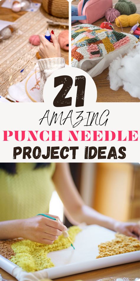 In this blog post we share 21 incredible ideas for punch needle projects! Whether you are starting out with punch needling or you already made many projects, we  definitely have you covered with some fresh ideas to try out! Modern Punch Needle Designs, Ultra Punch Needle Embroidery, Punch Needle Starter Kit, Punch Needle Letters Pattern, Punch Yarn Art, Punch Needle Stitches Types, Punch Rug Patterns, Punch Needle Embroidery Stitches, Punch Needle Supplies