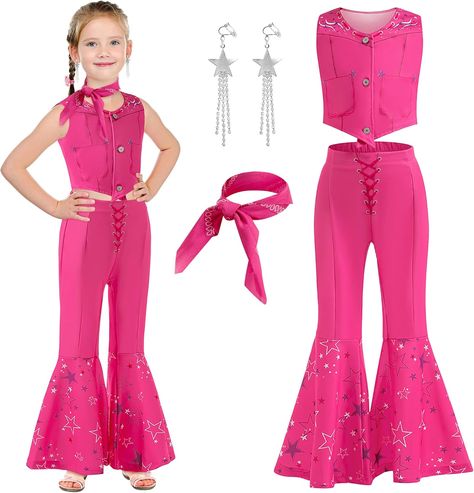 Barbie movie childrens costume Balayage, 80s Disco Outfit, Girls Cowgirl Costume, Pink Cowgirl Outfit, Cosplay Kids, Pink Heart Dress, Cowgirl Outfit, Pink Costume, Barbie Costume