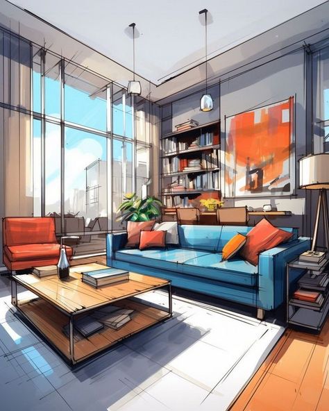 Artistic Interior Sketch Plans for Stylish Living Croquis, Interior Design Visual Presentation, Learn Sketching, Room Perspective Drawing, Interior Sketching, Artistic Sketches, Artistic Interior, Living Room Illustration, Perspective Room