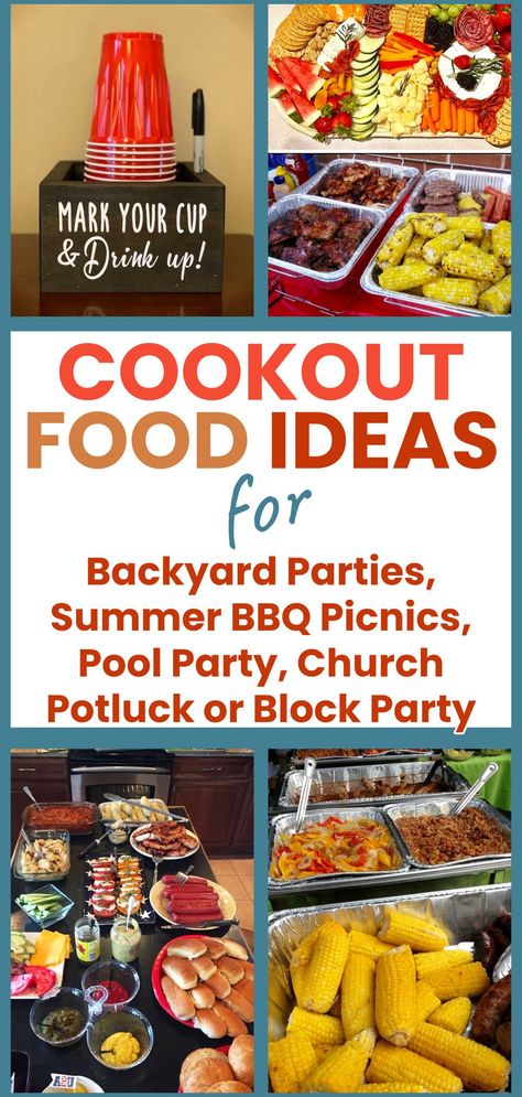 Cookout food ideas-backyard parties, summer BBQ picnics, Pool Party, Church Potluck or Block party to feed a crowd on a budget Essen, Outdoor Party Food Ideas For A Crowd, Neighborhood Party Food Ideas, Large Cookout Food Ideas, Neighborhood Potluck Ideas, Food Ideas For Large Parties, Block Party Ideas Food, Adult Bbq Party Ideas, Large Bbq Party Food