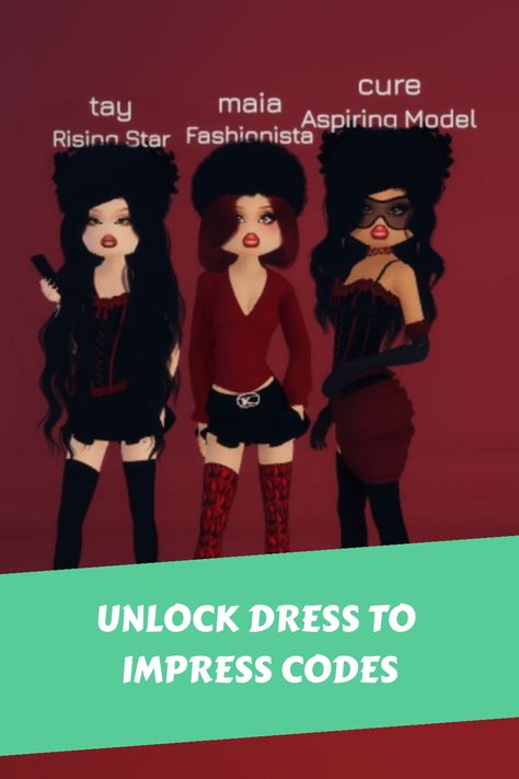 Three animated characters dressed in fashionable, avant-garde outfits with titles above their heads and the text "UNLOCK DRESS TO IMPRESS CODES" below. Elegant Dress To Impress Game, Dress To Impress Outfits, Folklore Fashion, Elegance Dress, Roblox Dress, Red Beret, Outfit Combos, Long Gloves, Stunning Outfits